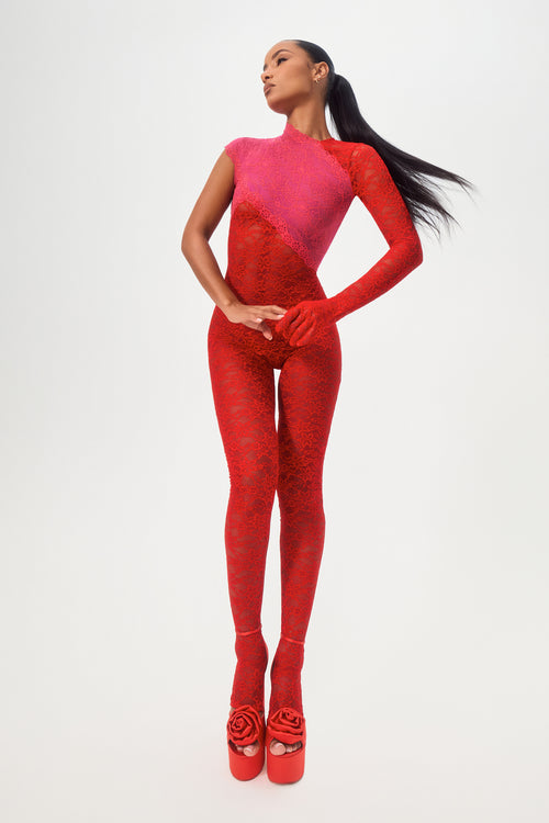 Geranium Rouge Lace Catsuit