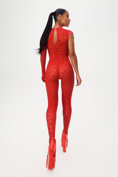 Geranium Rouge Lace Catsuit