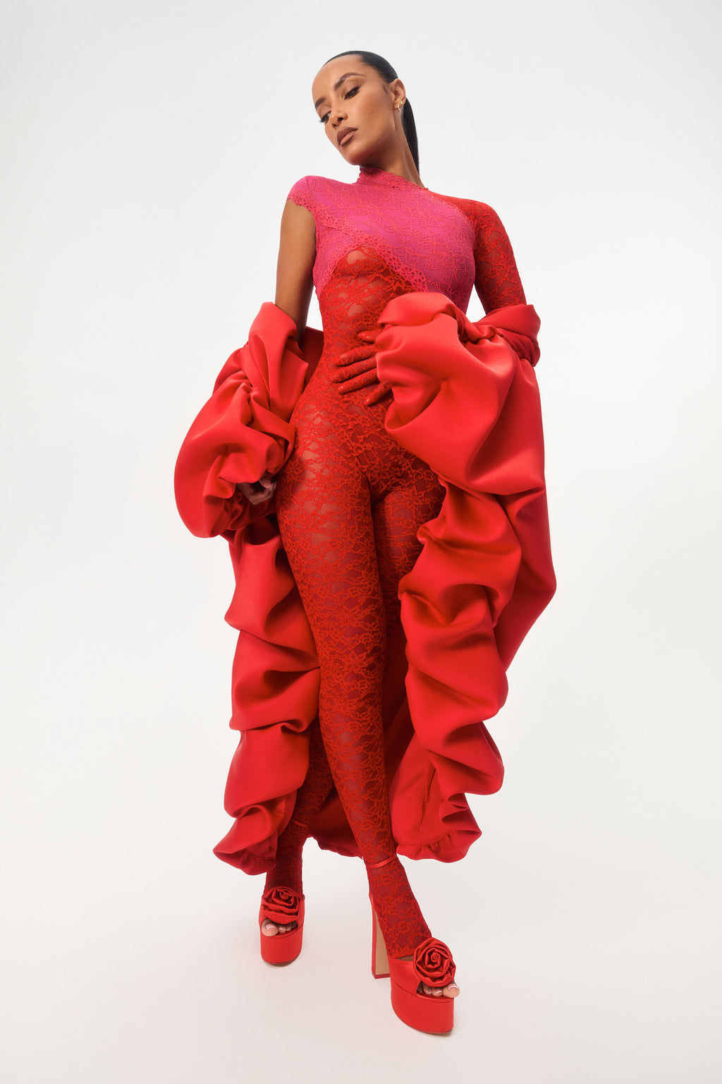 PREMIUM* Brielle Off Shoulder Lace Dress in Red