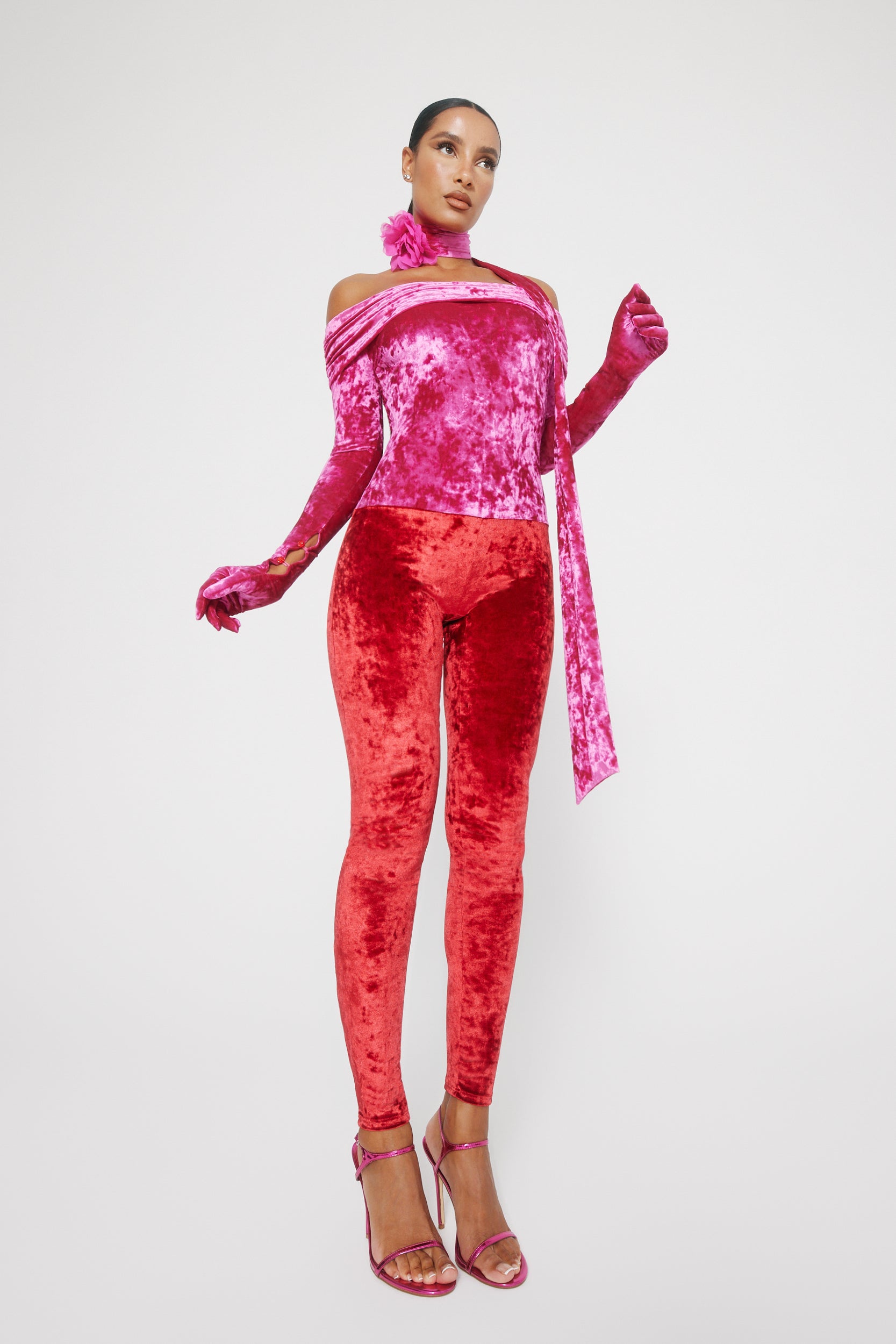 Rose Rouge Crushed Velvet Catsuit