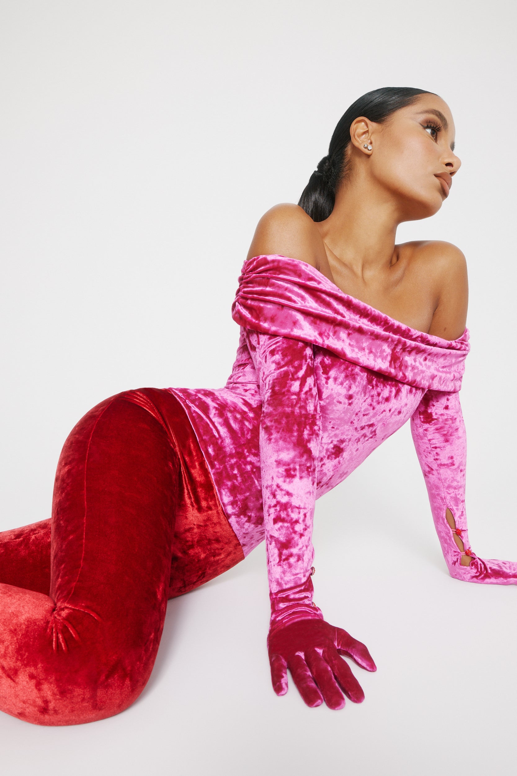 Rose Rouge Crushed Velvet Catsuit